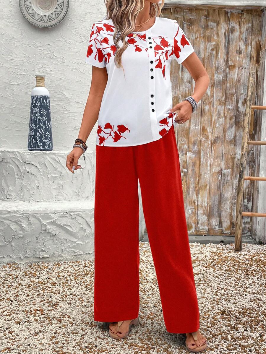 EMERY ROSE Bộ đồ hai mảnh in hoa cổ tròn tay ngắn màu trơn dành cho nữ và quần ống rộng cho mùa hè - Đỏ - Xem 1