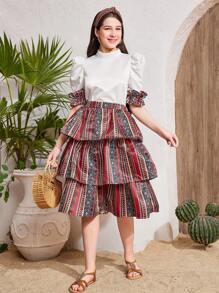 SHEIN Teen Girl Elegant Stand Collar Gigot Sleeve Ruched Shirt & Geometric Print Ruffle Hem Skirt 2 Pieces Set, Suitable For National Day - White - View 5