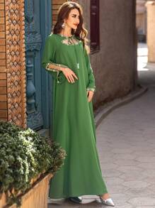 Layrah 女式系领长袖手工串珠装饰阿拉伯风格连衣裙 - 綠色 - 查看 5