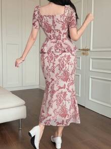 DAZY Women 2 Pieces Set: Floral Print Ruffle Hem Shirt And Skirt - Pink - View 2