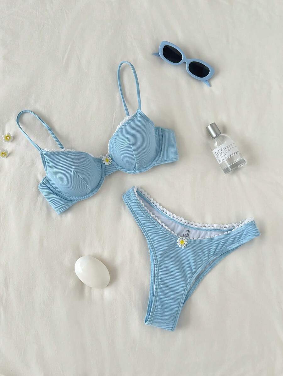 Swim Mod Women Daisy Pattern Decorative Sexy Bikini Swimsuit Set, Summer Beach - Blue and White - View 1