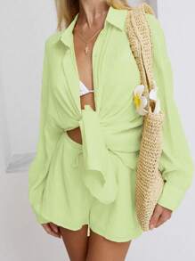 SHEIN Unity 2 件套女士休闲亚麻宽松长袖衬衫和松紧腰短裤，轻盈透气，适合春夏季 - 綠色 - 查看 3
