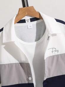 2 Packs Tween Boy Casual Sports College Artistic Style Retro Back With Letter Pattern Stitching Lapel Shirt And Shorts Set Suitable For Kids Outfits Toddler Boy Clothes Back To School Boys Set Suitable For Birthday Parties, Evening Parties, Performances, Weddings, Baptisms, Opening Ceremonies Daily Suitable For Daily Use Suitable For School Suitable For Travel Suitable For Sports Suitable For Spring And Summer Seasons - Blue - View 8