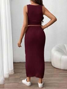 SHEIN 2 Pieces Ribbed Maternity Tank Top And Skirt Set, Solid Color, Summer Burgundy - Hot Pink - View 2