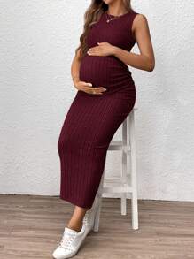 SHEIN 2 Pieces Ribbed Maternity Tank Top And Skirt Set, Solid Color, Summer Burgundy - Hot Pink - View 6