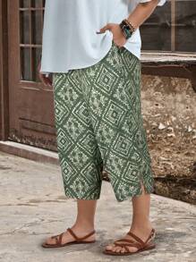 EMERY ROSE 大码女式开衩口袋几何图案复古印花休闲宽松度假夏季长裤 - 橄欖綠 - 查看 1