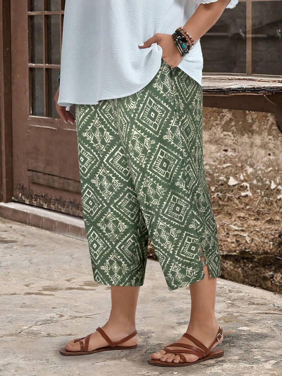 EMERY ROSE 大码女式开衩口袋几何图案复古印花休闲宽松度假夏季长裤 - 橄欖綠 - 查看 1
