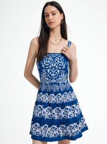 Femmeiva Blue & White Porcelain Retro Print Adjustable Waist Suspender Dress, Holiday Style With Contrasting Patterns, Short Dress For Women - Navy Blue - View 5