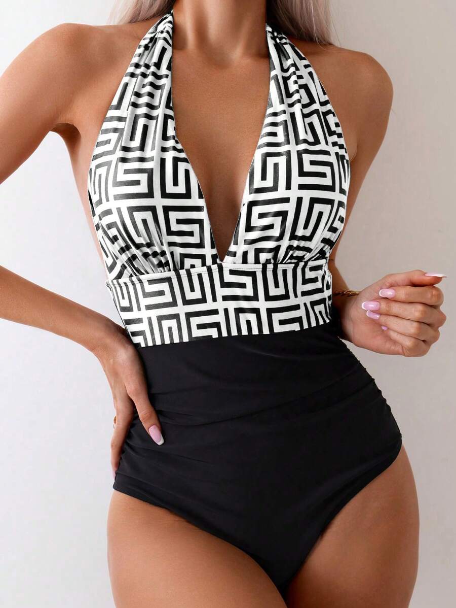 Swim Lushoire 1pc Women One-Piece Swimsuit, Neck Hanging Simple & Fashionable, Suitable For Summer