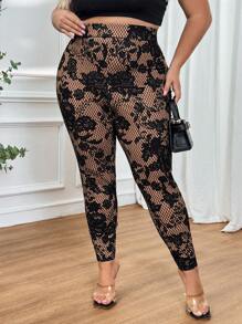 SHEIN CURVE+ Leggings in taglie comode per donne con stampe floreali in vita alta ed elastica, modelli curvy, ideali per le vacanze (Hoho)