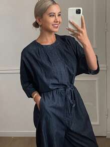 Livesso 女士圆领短袖连体裤，休闲都市街头牛仔连体裤 - 深色水洗藍 - 查看 3