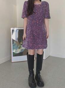 DAZY Vestido de Festa Mini Ajustado de Gola Redonda com Manga Bufante de Lantejoulas, Vestido de Formatura de Luxo, Vestido Elegante Feminino, Vestido de Ano Novo, Vestido Cintilante, Roupas de Férias Boho para Mulheres - Roxo empoeirado - Visão 5