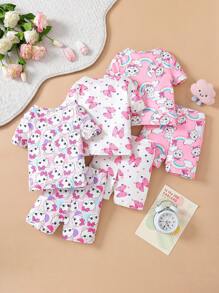 3 件套女婴舒适休闲睡衣套装，全身海洋生物印花圆领 T 恤和短裤 - 彩色 - 查看 2