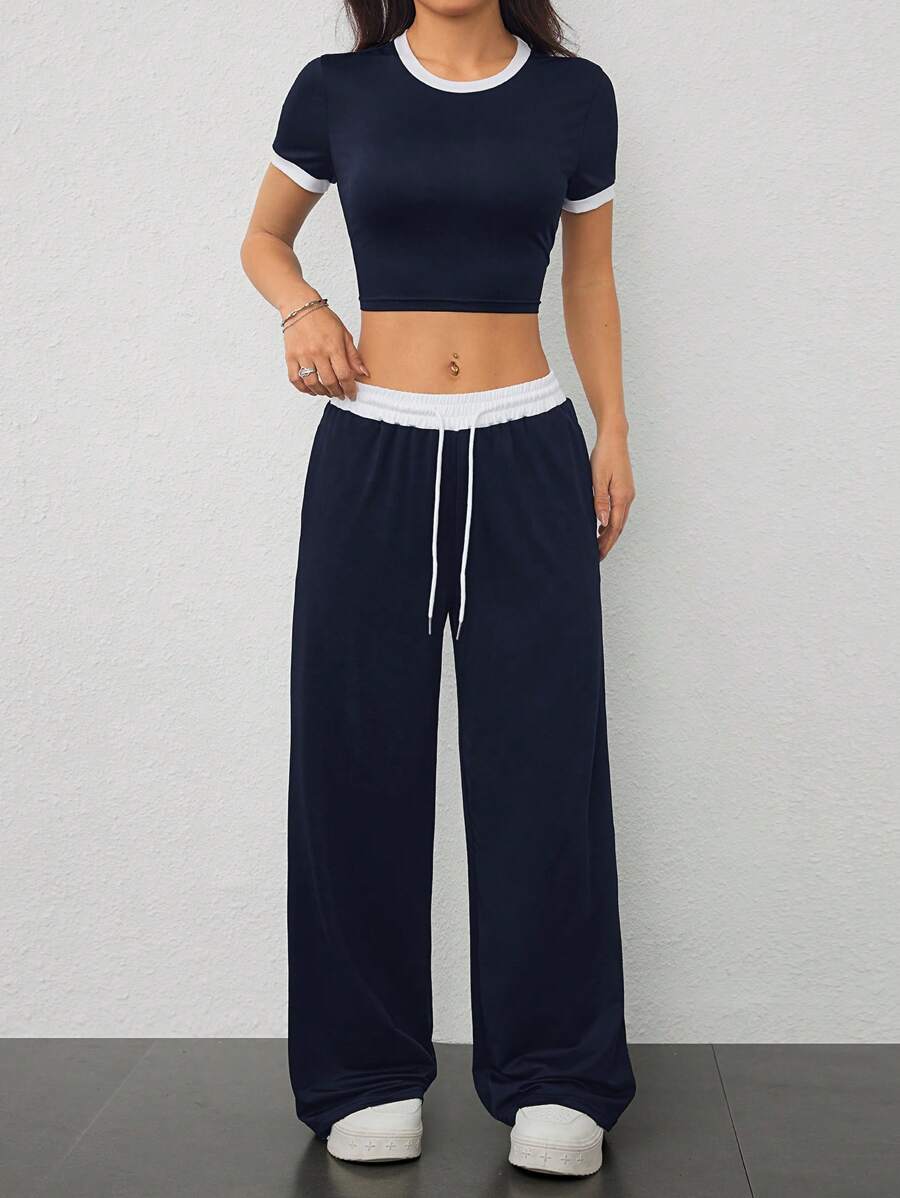 SHEIN PETITE 2件組女款休閒短版上衣,包邊圓領短袖搭配長褲,適合嬌小女性 - 藏蓝色 - 查看 1