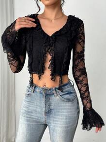 SHEIN Privé Versatile Lace Textured Black Blouse With Ruffle Trim & Ribbon,Elegant Women Night Out Summer Shirt, Western Club Wear,Old Money Style Cute Top - Black - View 4
