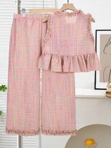 两件套少女格子无袖衬衫，荷叶边领口和袖口，松紧腰阔腿裤，夏季套装，适合少女的两件套服装，少女服装，少女套装，少女套装 - 粉色 - 查看 2