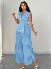 SHEIN Unity 女士加大码优雅提花褶皱立领连体裤 - 藍色 - 查看 4