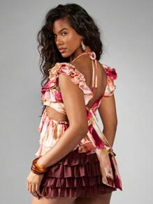 MISSGUIDED Summer Festival Tie-Front Crop Top Watercolor Print Satin Ruffle Sleeve Butterfly Top Dance Party Club Holiday Beach Wear - Multicolor - View 2