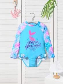 Young Girl Mermaid Letter Print Raglan Long Sleeve One-Piece Swimsuit - Multicolor - View 3