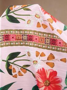 Flirla Simple Casual Vintage Positioning Print Cinched Waist Loose Fit Cap Sleeve A-Line Dress, Bohemian Dress For Beach Vacation