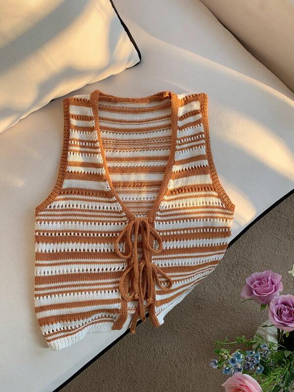 Comfortcana Summer Vacation  Tie Front Top Women's Contrast Stripe Front Tie Sweater Vest, Suitable For Vacation