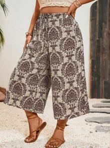 SHEIN VCAY Pantalones capri de pierna ancha con estampado floral de talla grande, simples y elegantes, adecuados para el verano - Café integral - Ver 4