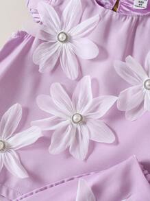 2pcs Set Girls Stylish Pearl 3D Floral Design Top With Skirt Suit, Elegant Princess Outfit, Summer - Purple - View 4