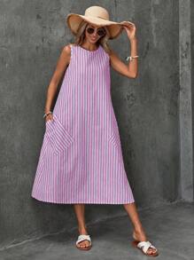 SHEIN LUNE 夏季女式 V 领棉质编织条纹 A 字形连衣裙，带口袋