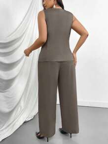 Firerie Conjunto de 2 piezas talla grande para mujer - Diseño de cargo con decoración de bolsillo falso, Blazer y pantalón con escote en V color beige para el Día de San Valentín, Conjunto informal para oficina/ir al trabajo