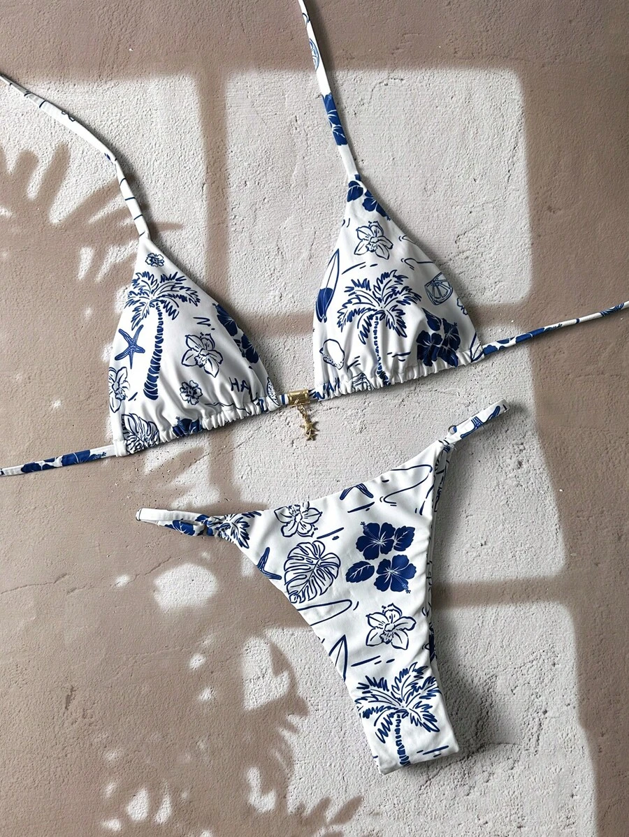 Swim Chiccia Springbreak Women Metal Decor Spaghetti Strap Random Print Sexy Bikini Swimwear Sets For Summer Beach Vacation