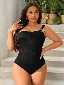 Swim Chiccia Plus Size Women's Black Sleeveless One-Piece Simplistic Fashionable One Piece Swimsuit, Casual Leisurewear For Summer Beach Vacation - Black - View 4