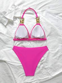 SHEIN Teen Girl Fuchsia Metallic Decor Fashion Tankini Swimwear Set For Summer Vacation - Hot Pink - View 2