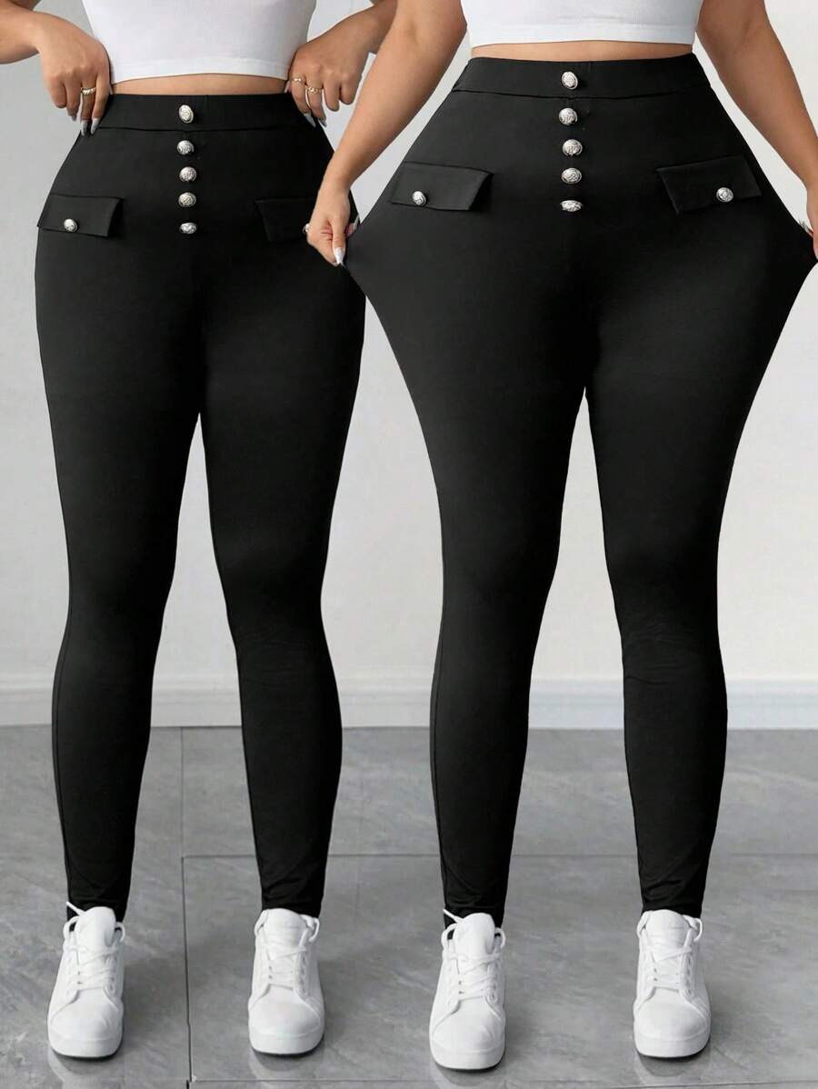 Elenzga Plus Size Women Casual Solid Color Button Decor Slim-Fit Pants - Black - View 1