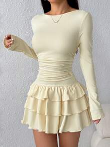 SHEIN EZwear Women Casual Solid Color Ruffle Hem Mini Dress,Rave Outfits Festival - Apricot - View 6