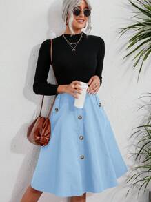 Falda evasé de un solo abotonado de un solo color, falda holgada de cintura alta hasta la rodilla con botones y bolsillos para señoras, elegante, de uso casual diario, para primavera/otoño, - Celeste - Ver 7