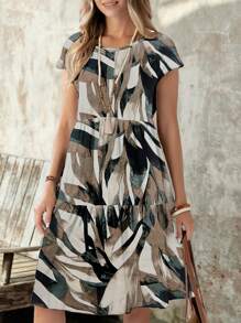 EMERY ROSE Vestito midi casual'e ampio con scollo rotondo e maniche corte, adatto per l'estate, da donna