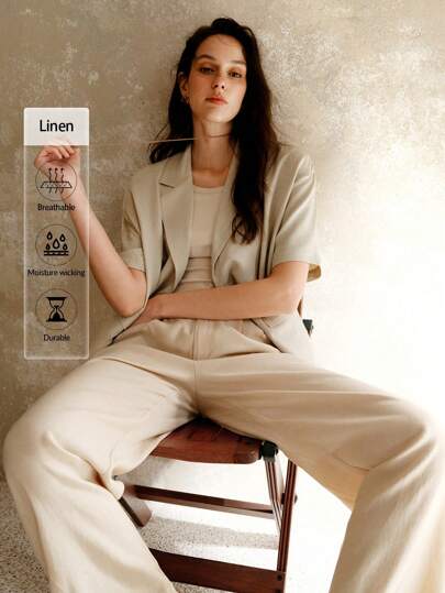Chiquease 女士休闲及办公亚麻翻领长袖夹克，带折叠袖