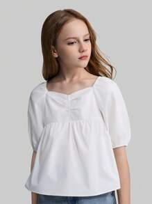 Ontre Blusa suelta de unicolor con mangas de globo para niñas preadolescentes - Blanco - Ver 6