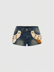 ROMWE Hippie Vintage Music Festival Vacation Bohemian Animal Print Patchwork Distressed Low Waist Skinny Denim Shorts For Women - Blue - View 1