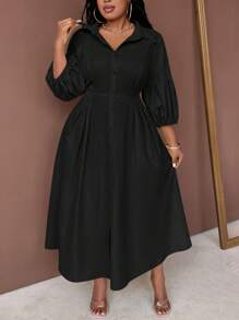 Maweii Dimensiuni plus mari, culoare solidă, guler cămașă, buton în față, mânecă mijlocie, plisată, ocazională, rochie midi, ținută maxi pentru femei