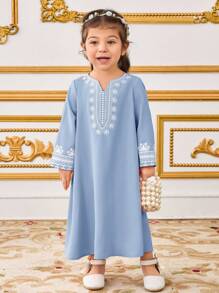 SHEIN Baby Girl Loose Casual Minimalist Long Sleeve Print Long Dress - Blue - View 3