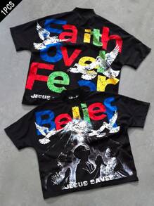 Manfinity Streetrush Men's Youthful Streetwear, Featuring High-Street Orange Micro-Flare Sweatpants With A Creative Camouflage Graffiti Design In Black And Orange, Incorporating Vacation Palm Tree Elements. These Pants Embody A Street Rock Vibe And Are Suitable For Music Festivals And Everyday Wear, Making Them A Fantastic Gift For Boyfriends Or Husbands, Reflecting Street Fashion And Y2K Aesthetics. Men's Black T-Shirt With Faith Graphic & Letter Pattern , Tees Graphic