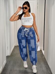 SHEIN SXY Plus Size Jacquard Denim Drawstring Tapered Pants Women Summer Outfits - Dark Wash - View 1