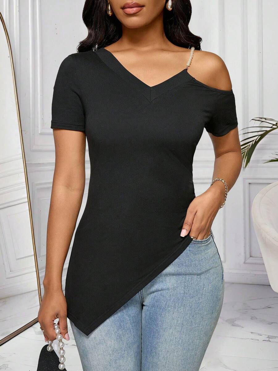 SHEIN Clasi Elegantes Damen T-Shirt mit offener Schulter, Perlenkette und asymmetrischem Saum