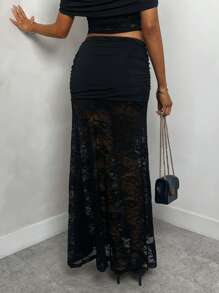 Glamine 蕾丝拼接修身半身裙，日常休闲装 - 黑色 - 查看 5