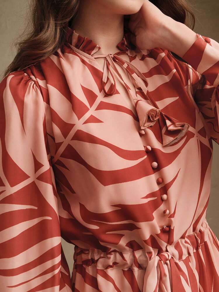 Red Print Cinched Cinched Waist Cuff V-Neck Lightweight Flowy Dress, Suitable For Spring/Festival/Vacation/Holiday
