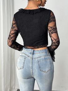 SHEIN Privé Versatile Lace Textured Black Blouse With Ruffle Trim & Ribbon,Elegant Women Night Out Summer Shirt, Western Club Wear,Old Money Style Cute Top - Black - View 2