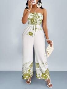 SOLERSUN Gathered Wide Leg Jumpsuit With Drawstring And Floral Leaf Print - White - View 5