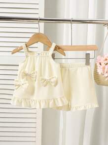 2 Packs Of Baby Girls Cute And Fashionable Bow Ruffled Sleeveless Tops And Pants, Suitable For Summer And Outdoor Outings - Multicolor - View 1