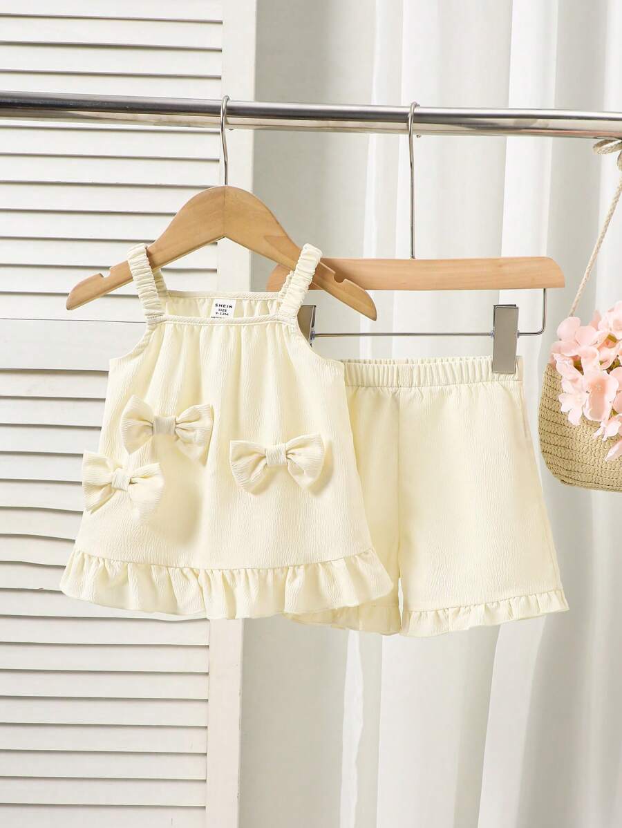 2 Packs Of Baby Girls Cute And Fashionable Bow Ruffled Sleeveless Tops And Pants, Suitable For Summer And Outdoor Outings - Multicolor - View 1